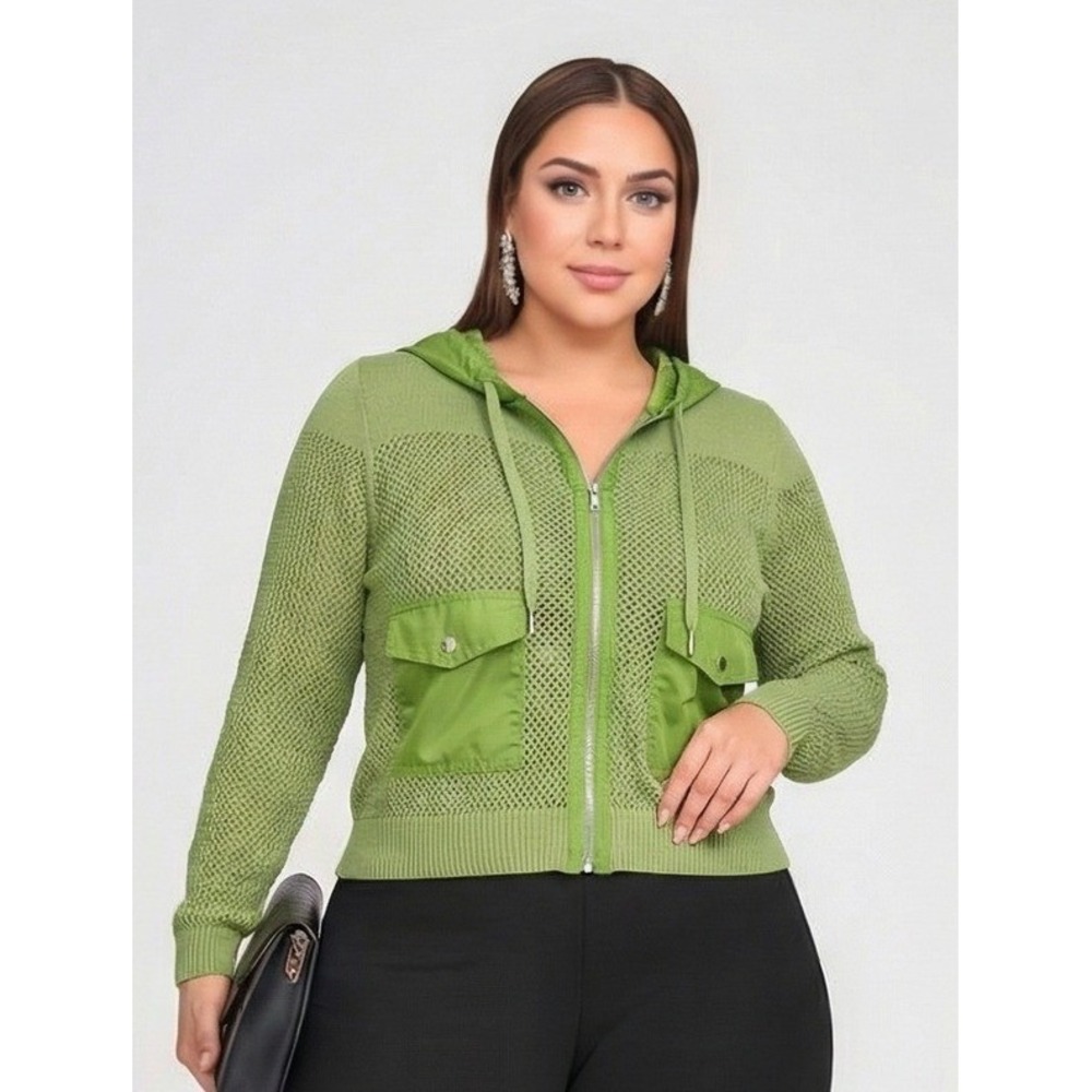 Zenergy by Chico's Mixed Media Knit Zip Hoodie Green Size 1 Linen Cotton Snag